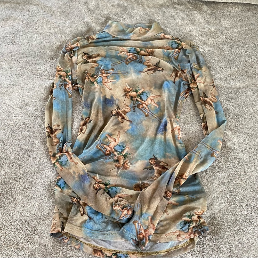 mesh long sleeve turtleneck with renaissance angel pattern